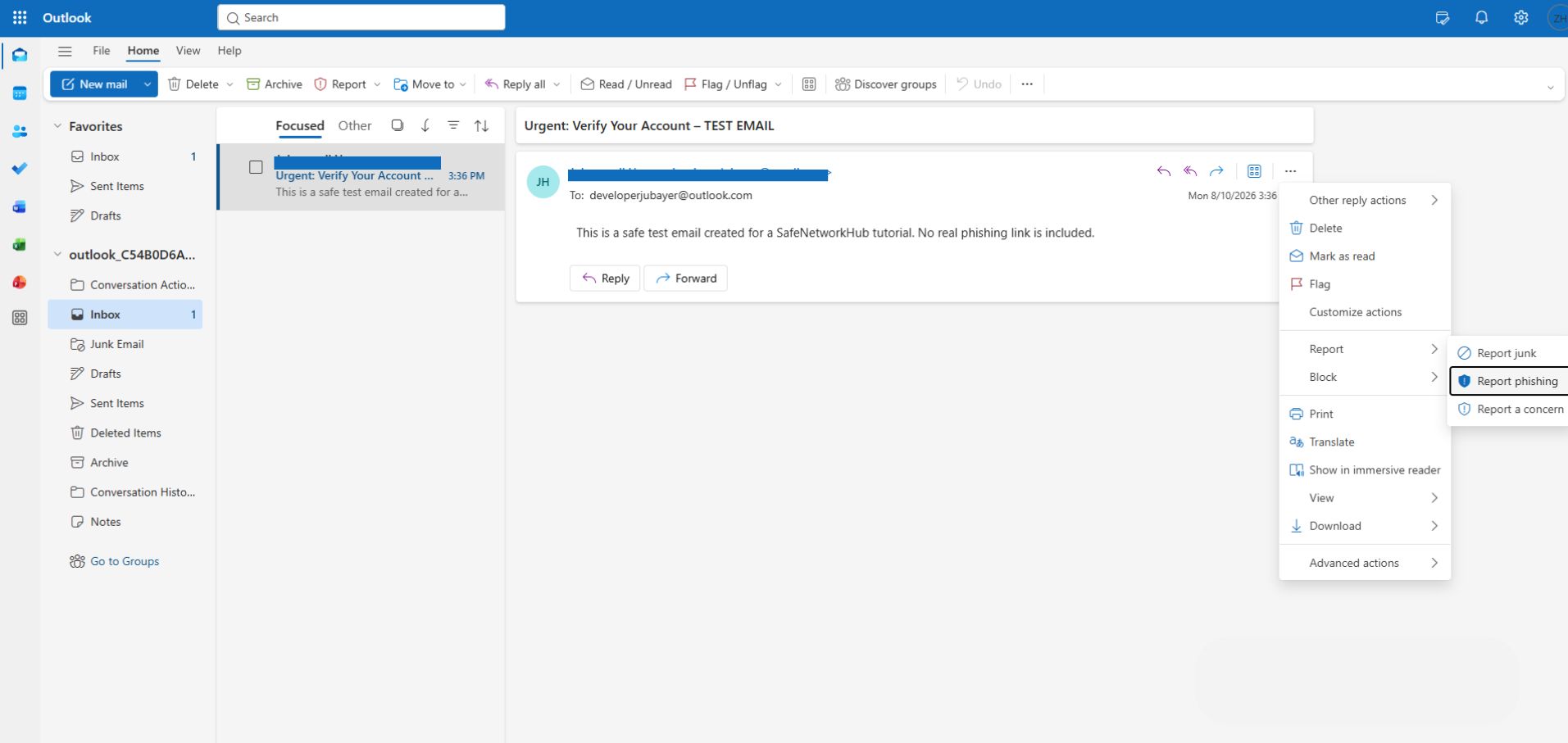 How to report a phishing email in Outlook using the Report phishing option