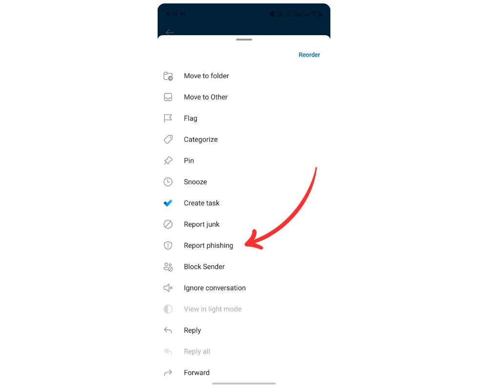 How to report a phishing email in Outlook mobile using the Report phishing option