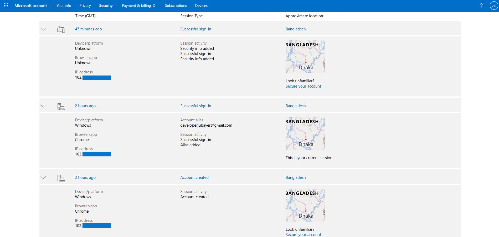 Microsoft account Recent activity page for checking suspicious Outlook sign-ins