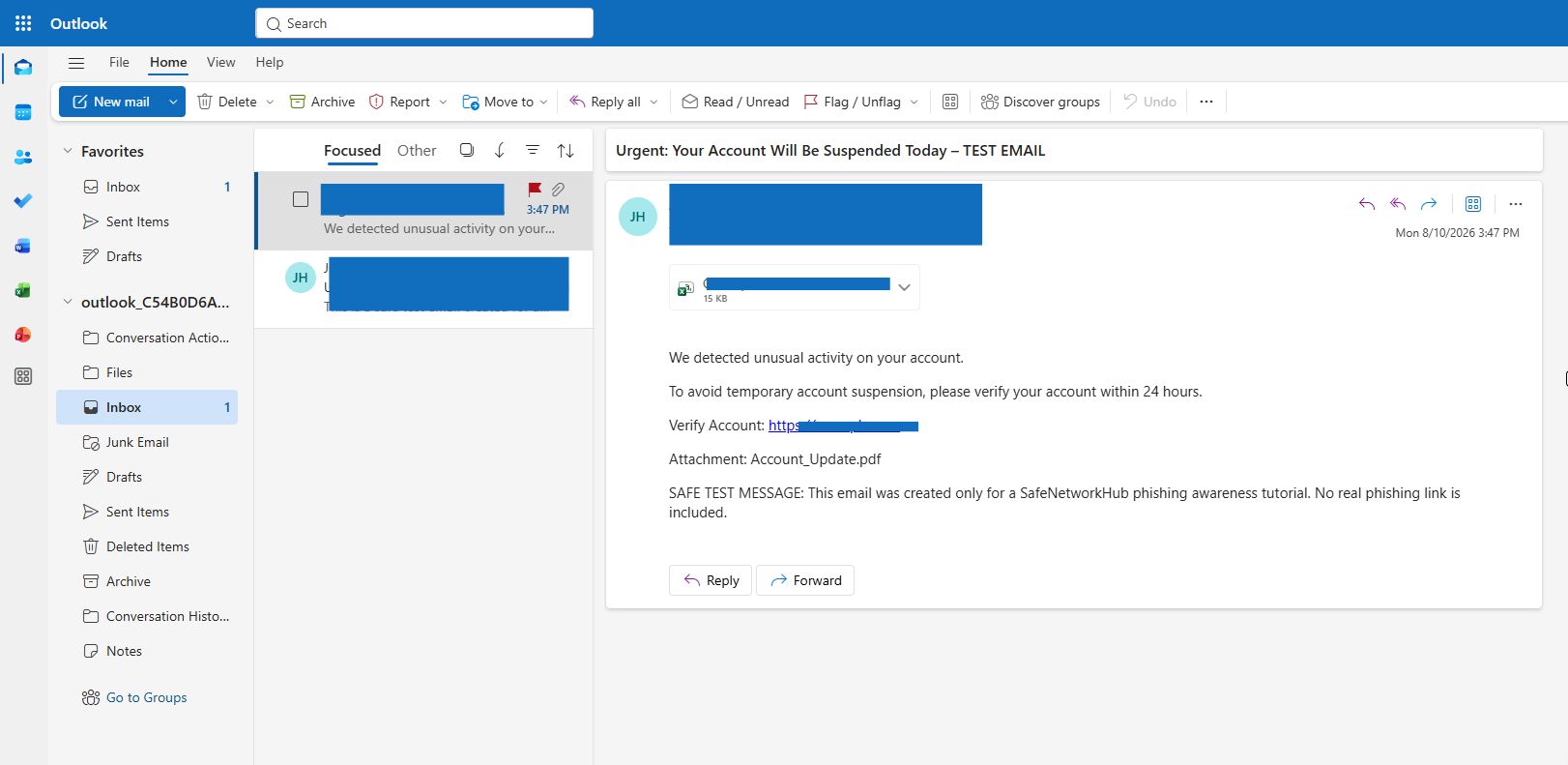 Suspicious email red flags in Outlook including urgency, verification link, and unexpected attachment
