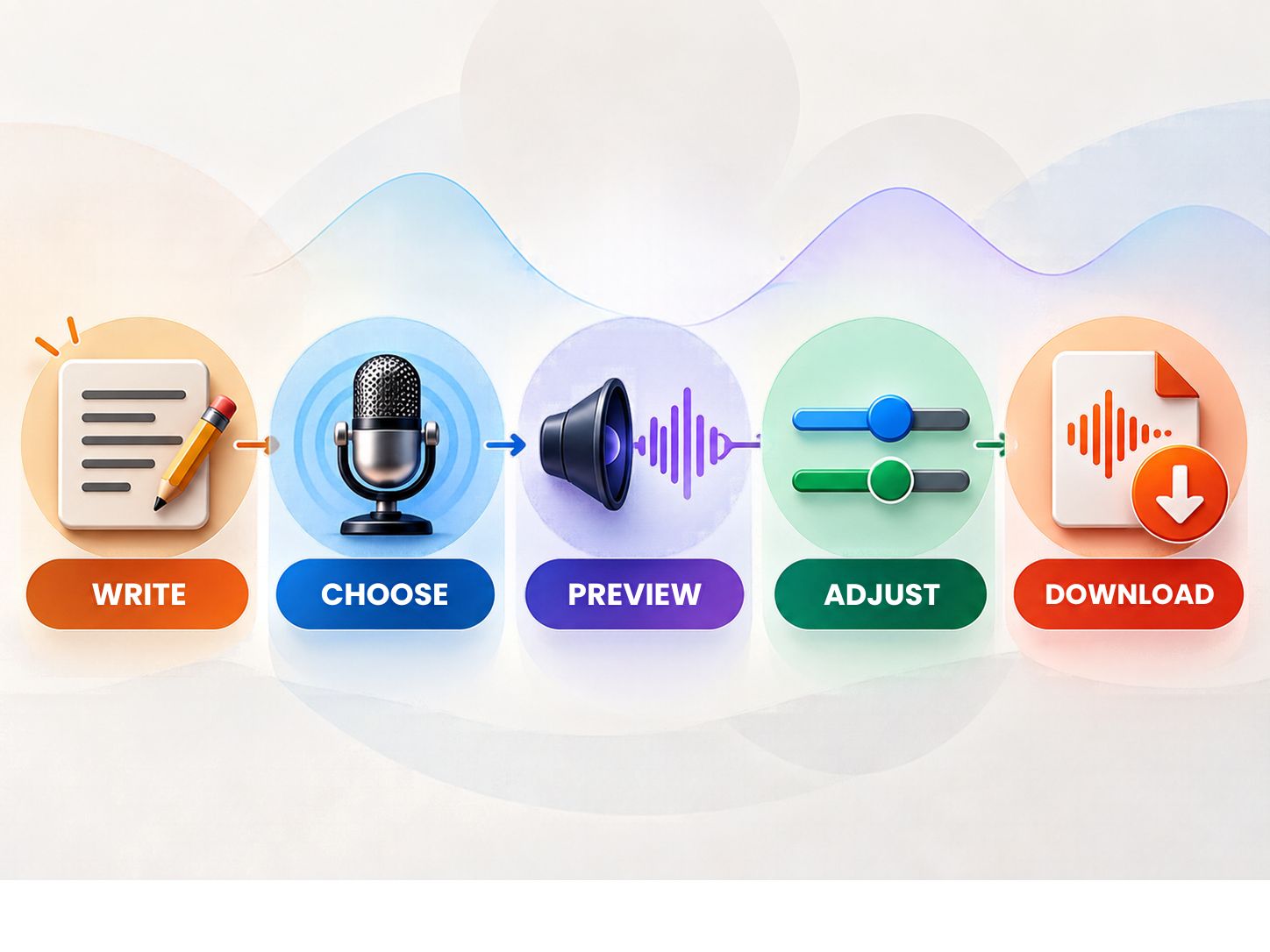 Five-step Eric TTS generation workflow: write, choose, preview, adjust, download