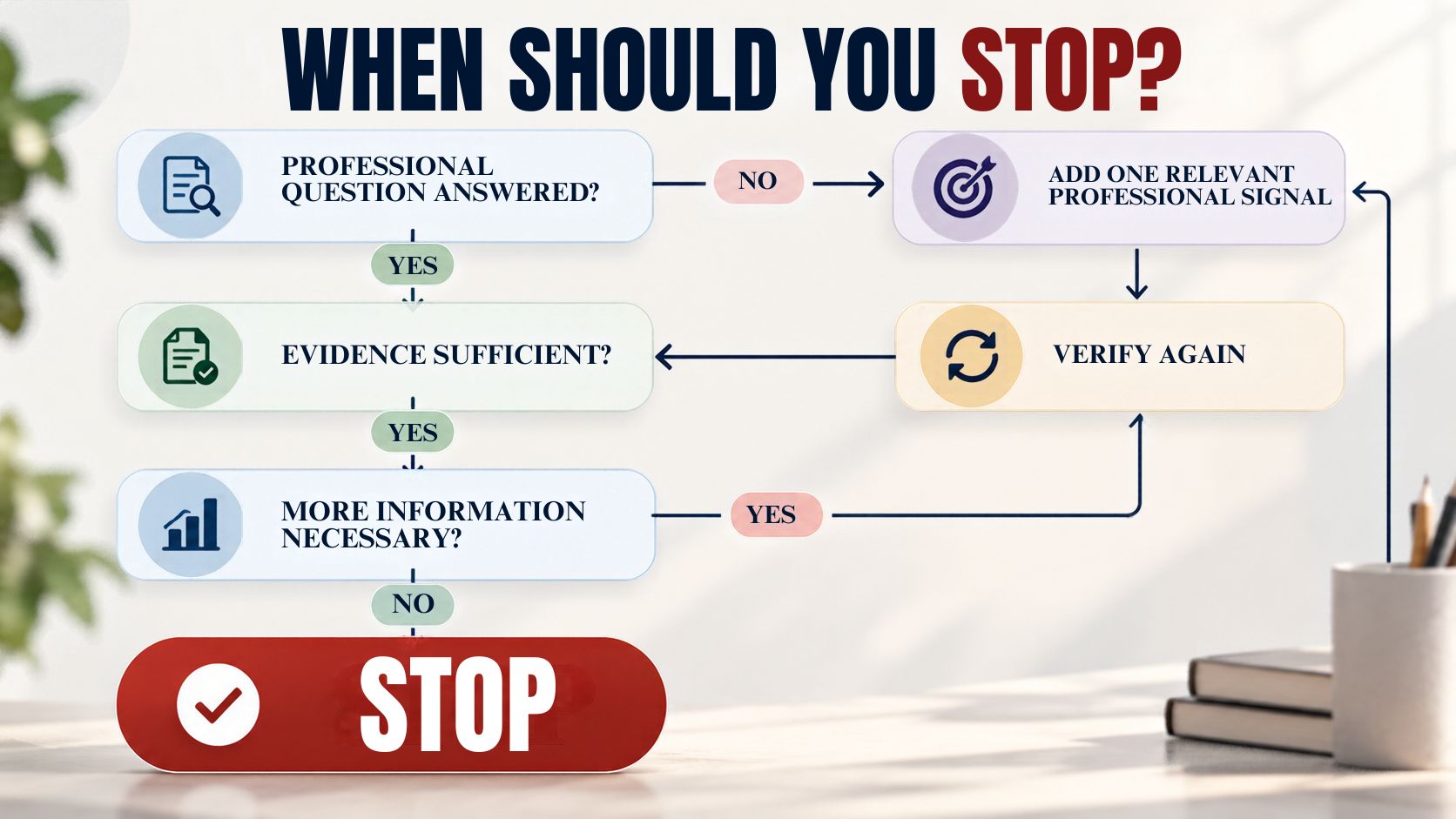 Decision tree showing when to stop searching for a professional profile