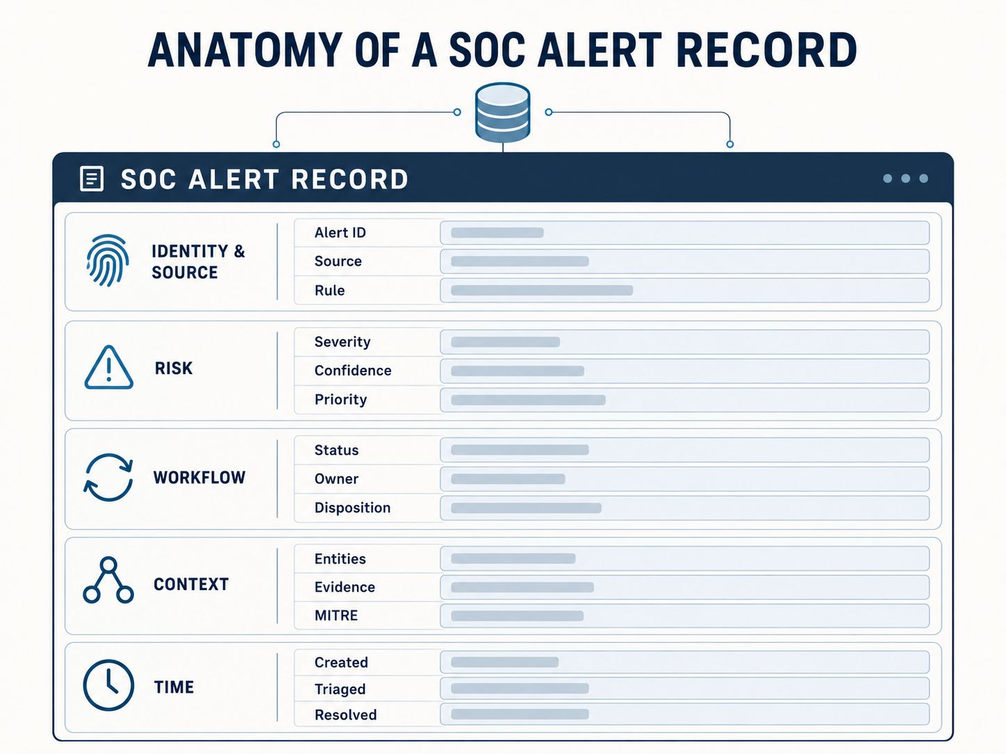 Anatomy of a SOC alert record showing identity, risk, workflow, context, and lifecycle fields