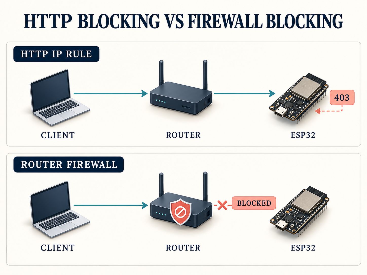 Comparison of ESP32 HTTP 403 application-level IP blocking and network-level router firewall blocking