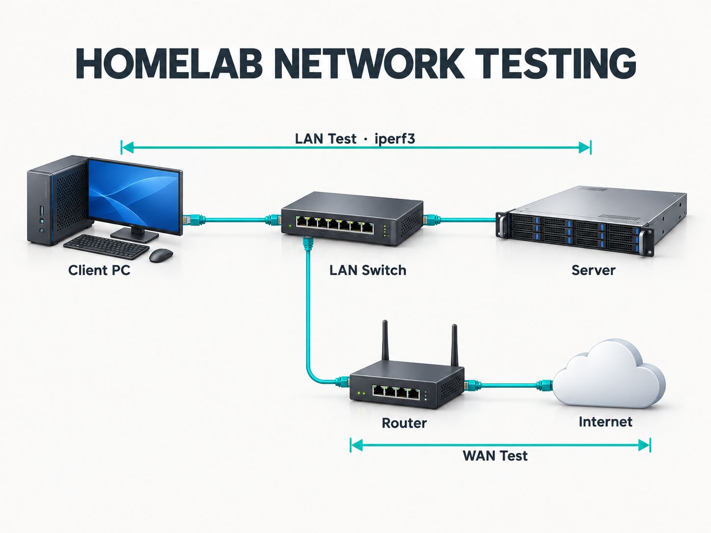 Homelab network testing architecture showing a client computer, LAN switch, server, router, and separate LAN and WAN testing paths