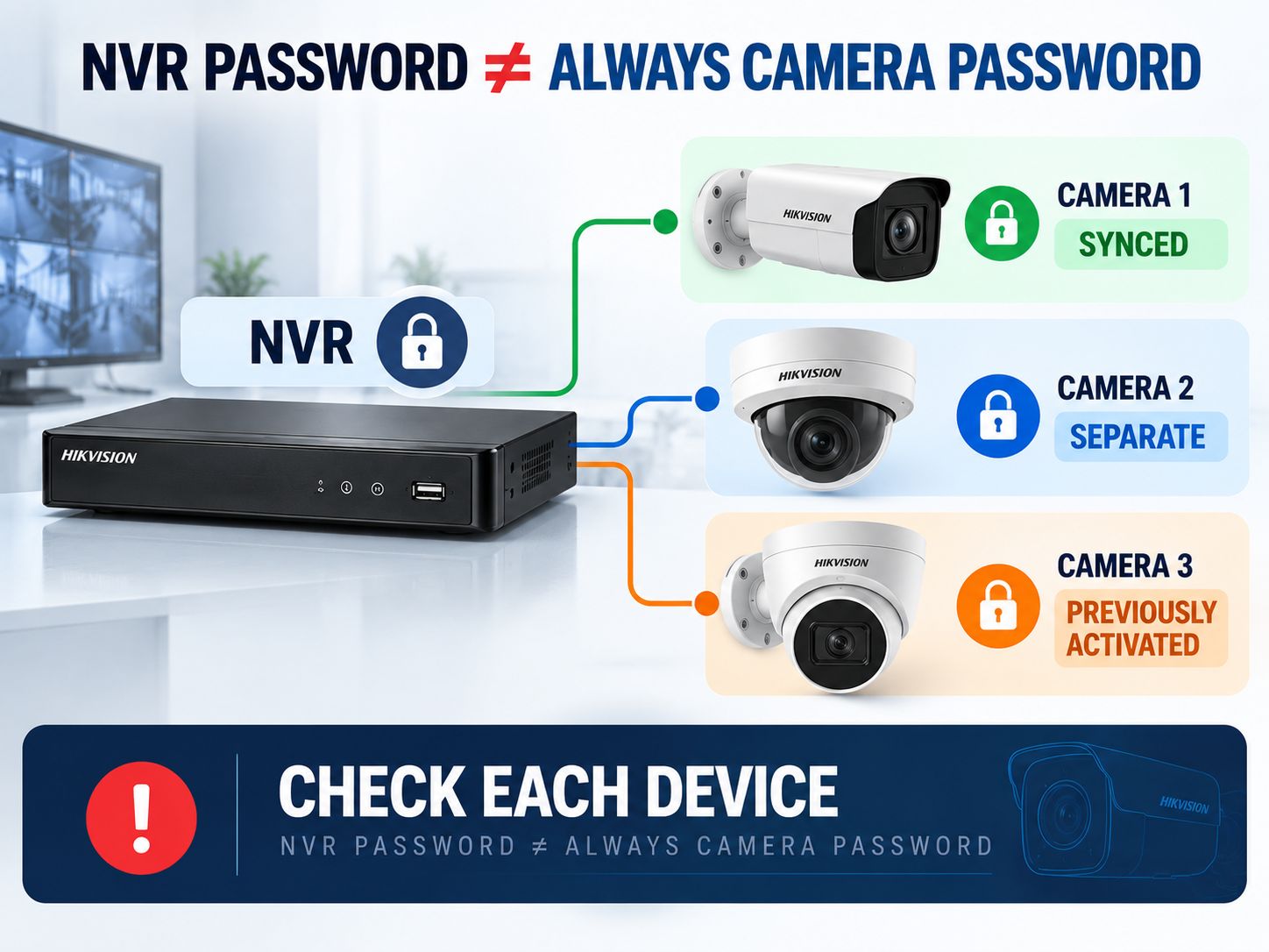 Diagram explaining why an NVR password may differ from individual Hikvision camera passwords