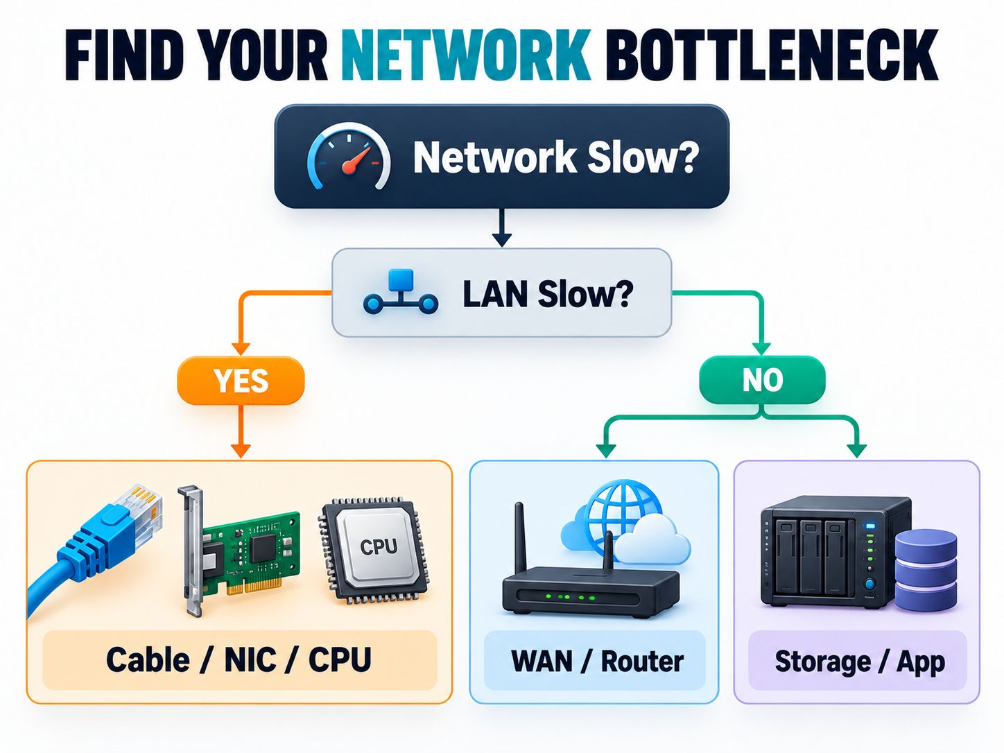 Network bottleneck troubleshooting decision tree showing how to distinguish LAN issues from WAN, router, storage, and application performance problems