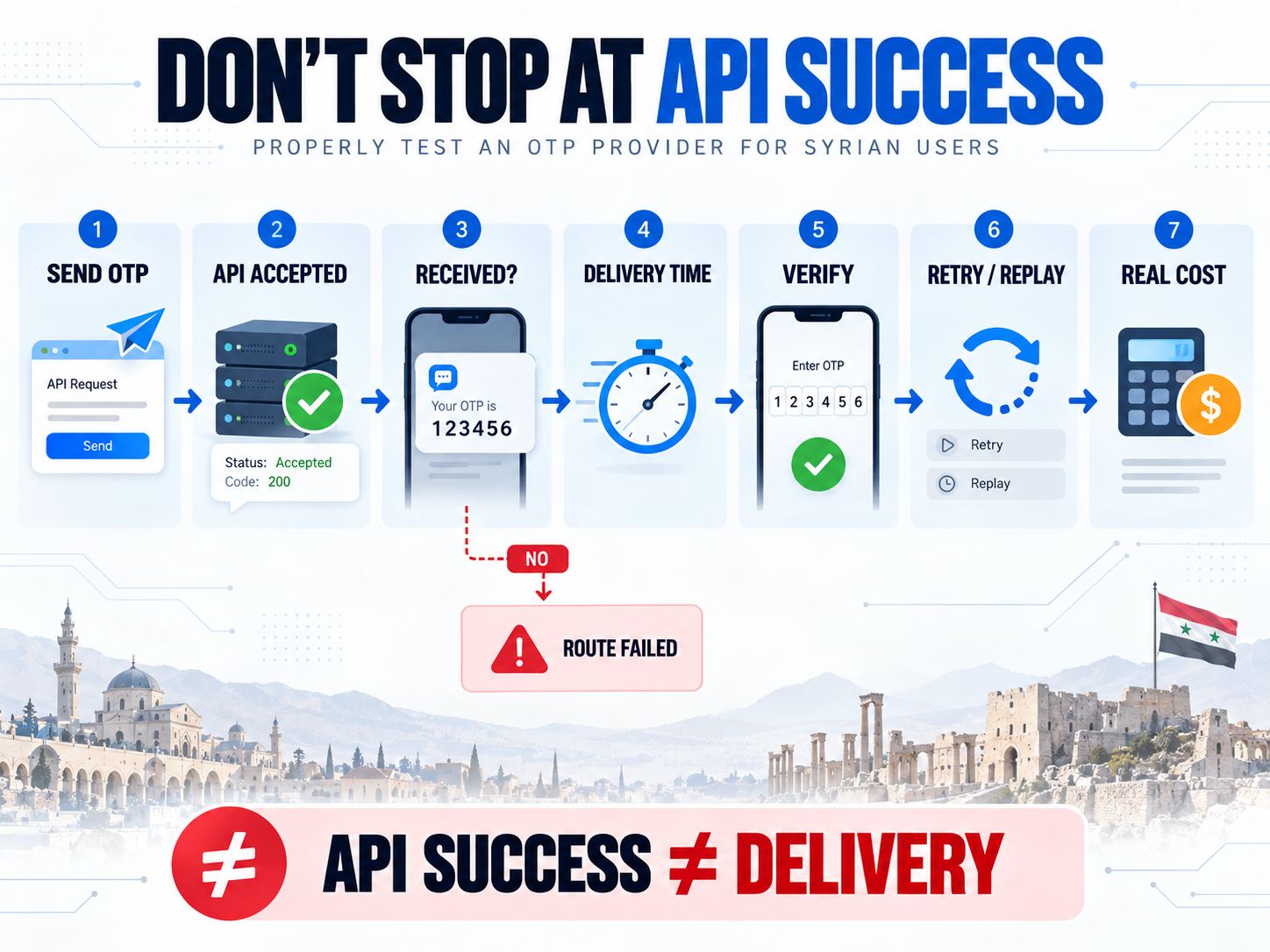 Real OTP delivery test flow showing API acceptance, phone delivery, latency, verification, replay testing and real cost