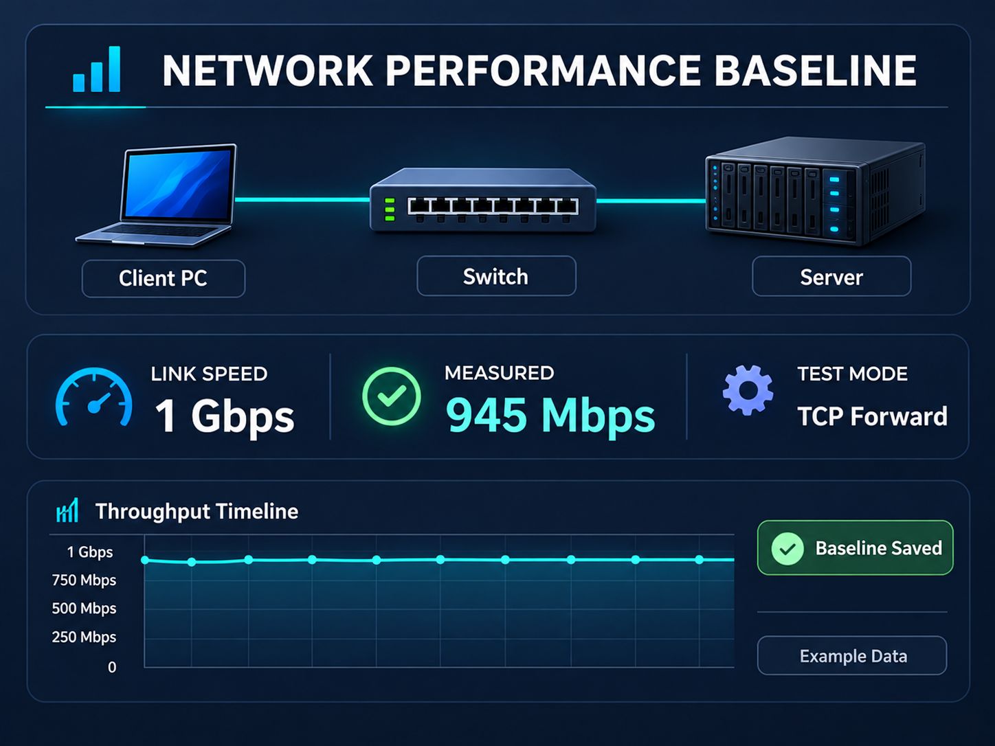 Example homelab network benchmark documentation showing client-to-server testing, negotiated link speed, measured TCP throughput, and saved baseline results