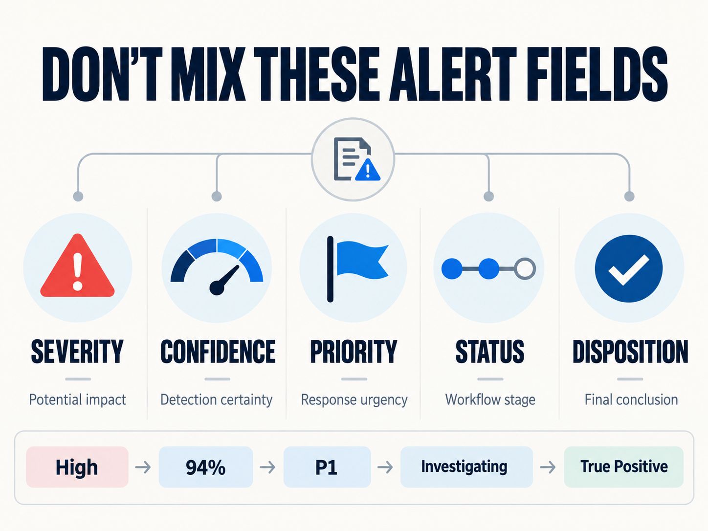 Comparison of SOC alert severity, confidence, priority, status, and disposition