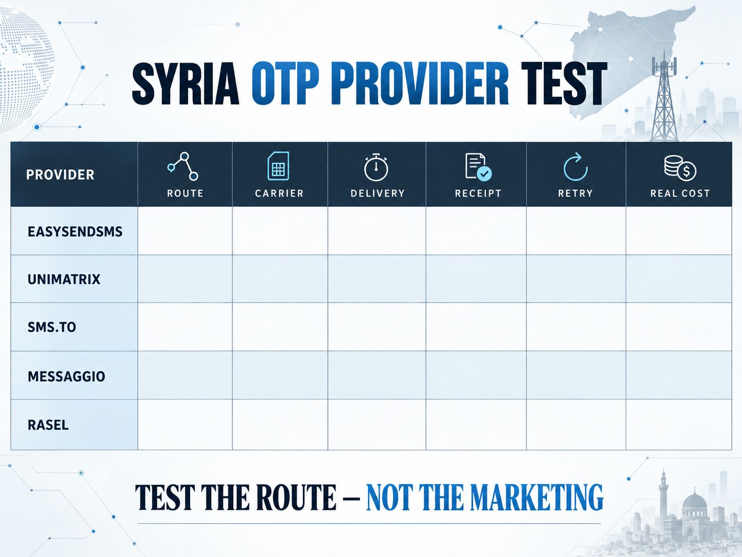 Syria OTP provider evaluation matrix for testing carrier delivery, latency, receipts, retries and real cost