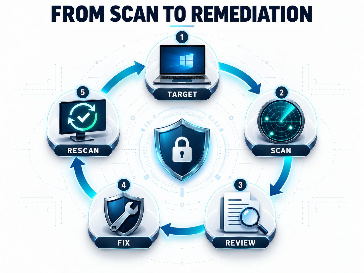 OpenVAS Windows vulnerability scanning workflow showing target selection, scanning, reviewing findings, fixing vulnerabilities, and rescanning