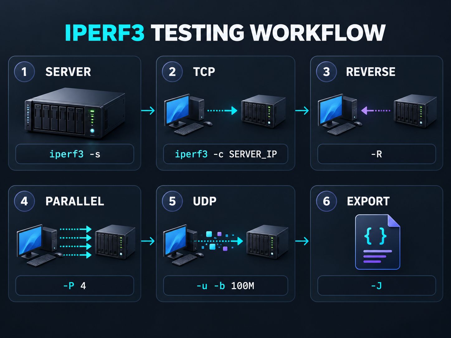 Six-step iperf3 network testing workflow covering server setup, TCP testing, reverse direction, parallel streams, UDP testing, and JSON export